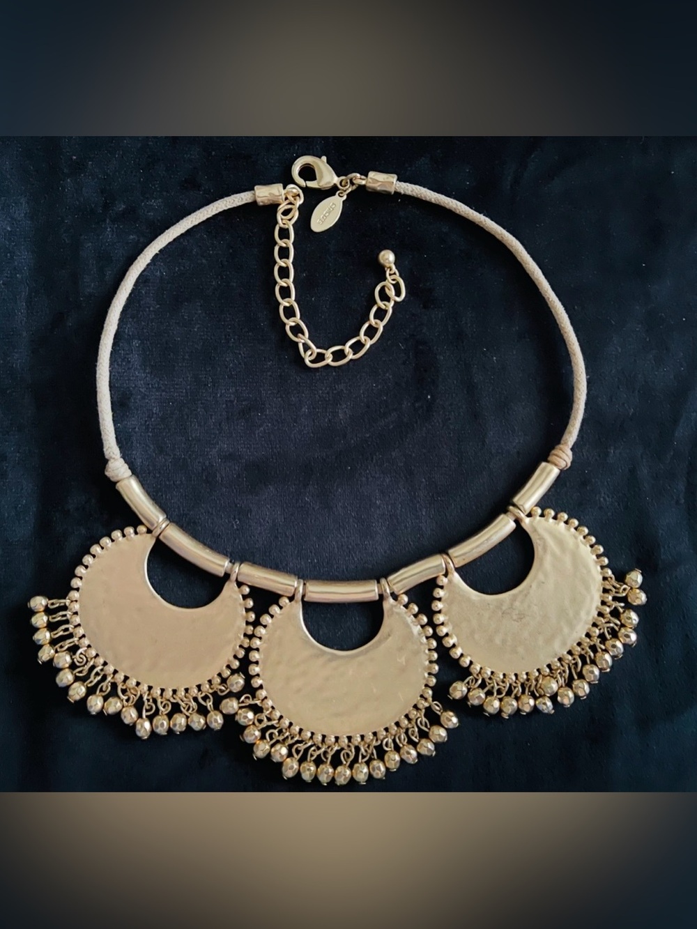 Chicos Gold Embossed Collar Necklace with Taupe Leather Neck 8”